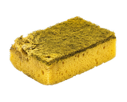 Used yellow kitchen sponge with a coarse green scouring pad isolated on a white background