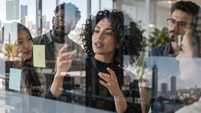 Young woman speaks and gestures while sharing ideas with colleagues behind a glass wall, leading a collaborative business discussion in a modern office with city reflections and attentive coworkers