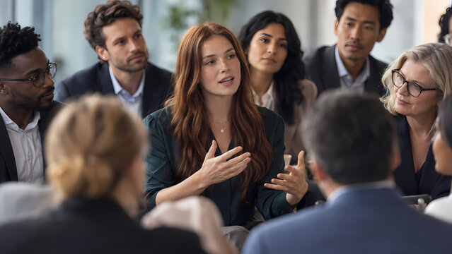 Young woman speaks confidently and gestures while sharing ideas with attentive colleagues during a diverse group discussion, collaborative workshop and professional team meeting in a modern workplace