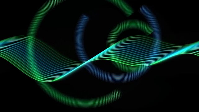 Abstract green wave digital loop, glowing neon lines motion background, futuristic audio spectrum visualizer for tech video production