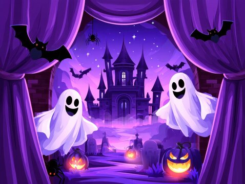 Two friendly ghosts celebrating halloween in a haunted house setting