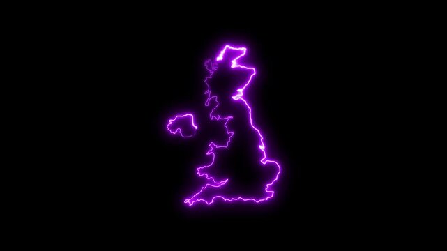 Neon glowing map of the united kingdom outline, pulsing purple light effect on black background britain