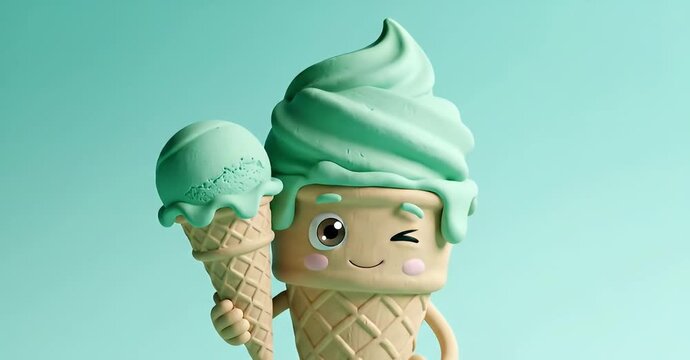 A cute, winking mint green ice cream cone character holding another ice cream cone against a matching background.