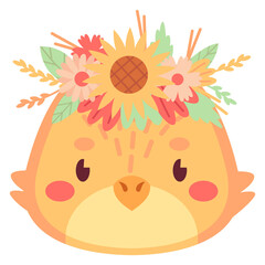 Obraz premium Spring chicken face. Baby bird in flower headdress