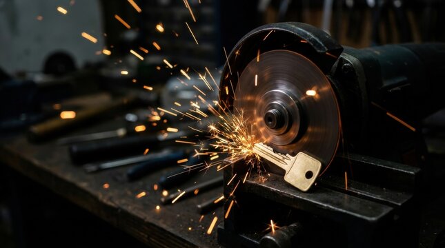 Metal key being cut with sparks flying from an angle grinder in a workshop specialized tools