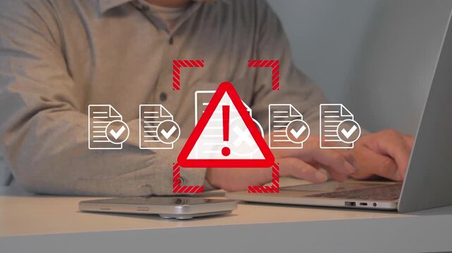 Person works on documents. Red warning icon blocks progress. Files marked with checkmarks surround caution symbol. Image shows digital document review issue. Use for tech support, file management
