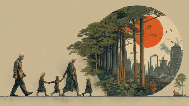 Illustration style of depicting humanity's choices amidst the climate crisis