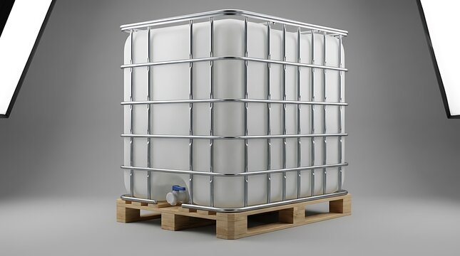 Large industrial plastic liquid storage container inside a metal cage frame sitting on a wooden pallet. ibc container