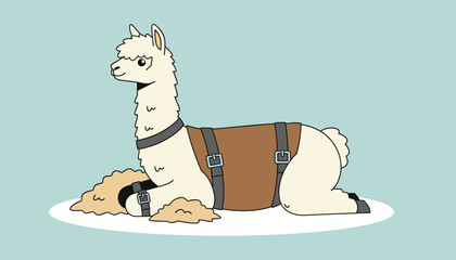 Obraz premium Domesticated white alpaca resting calmly on the ground wearing a protective brown coat and harness straps.