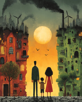 Illustration style of depicting humanity's choices amidst the climate crisis