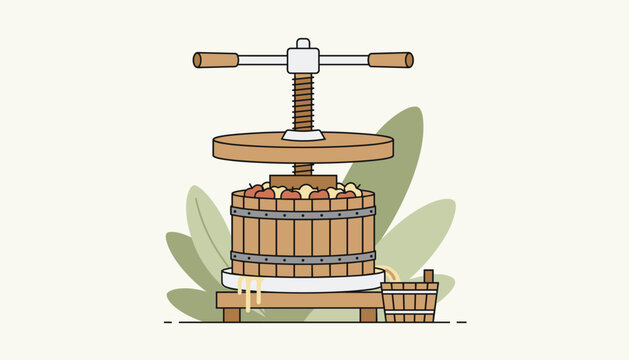 Traditional wooden screw press filled with fresh ripe apples squeezing sweet juice into a bucket outdoors.
