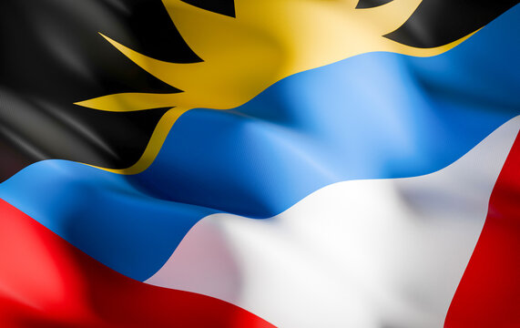 Waving Antigua and Barbuda Flag with Rising Sun, Red, Blue, White and Black Colors, Realistic National Flag Fabric with Soft Folds, Caribbean Country Background