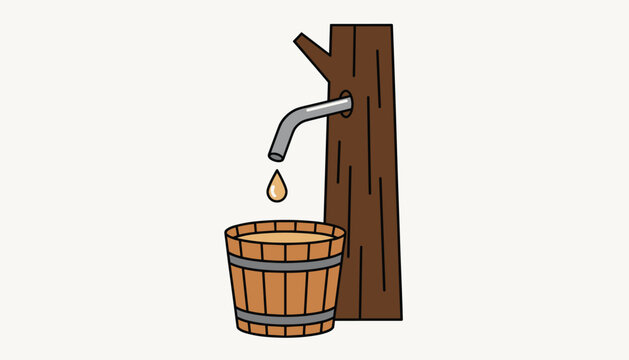 Close up illustration of a maple tree tap dripping fresh sweet sap directly into a small wooden bucket.