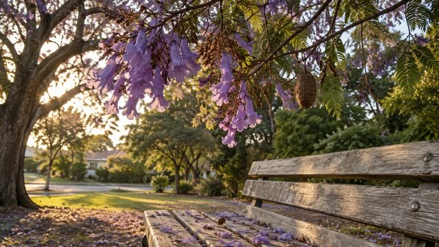purple jacaranda flowers hang from a branch over a weathered wooden park bench, situated in a grassy outdoor area with large trees and sunlight