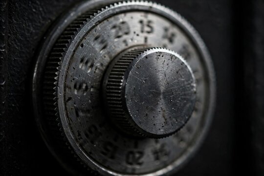 Close up of a metal combination dial on a dark bank safe door in dramatic low light, security and savings concept