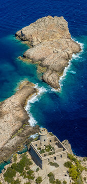 Aerial view of the Punta Grossa lighthouse, Ibiza, Balearic Islands, Spain.
