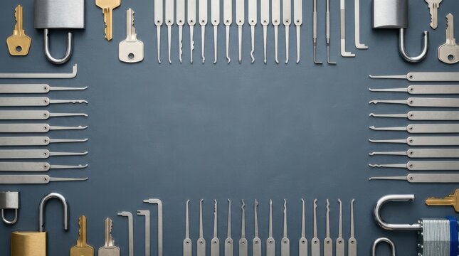 Assortment of locksmith tools padlocks and keys arranged on a dark blue surface specialized tools