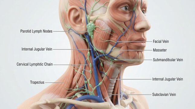 Medical diagram of human neck anatomy and lymph nodes illustration