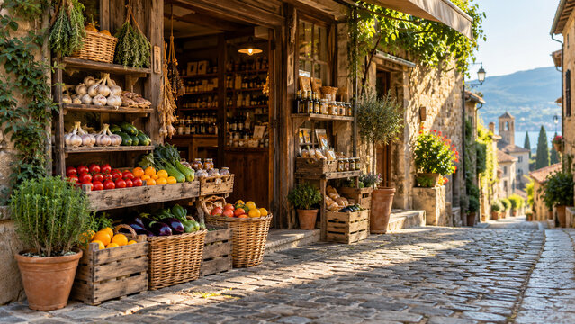 Sunlit Local Village Market Shop with Fresh Produce on a Quiet Historic Travel Street
