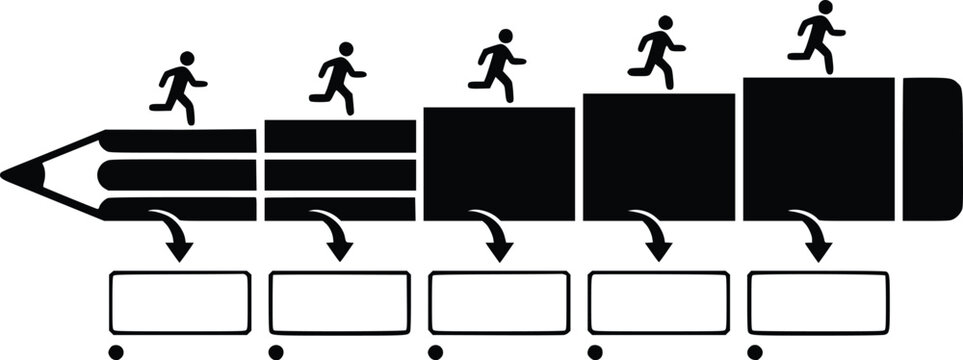 Business growth progression concept vector graphic illustration featuring running figures on incremental steps and a sharp pencil