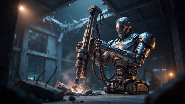 Metallic robot using a heavy jackhammer to break concrete in a dark ruined industrial building
