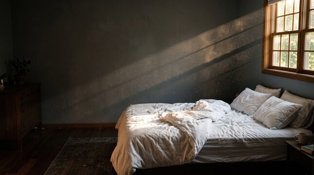 an unmade white bed with rumpled sheets and pillows, a strong diagonal beam of morning sunlight through a window revealing thousands of tiny floating dust particles in  the air