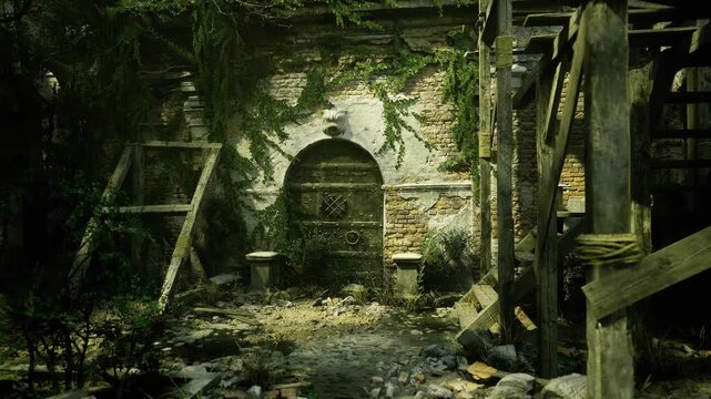 overgrown stone archway entrance sunlit, mosscovered bricks and ivy cascading over crumbling mortar, scattered rubble and wildflowers on flagstone path suggest