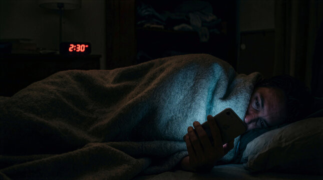 Digital Fatigue Stressed Person Checking Smartphone Late At Night In Bed Tired Man Suffering From Insomnia And Technology Burnout Mental Health Concept Screen Light Glow In Dark Bedroom Night Time