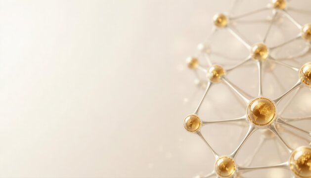 Abstract molecular structure and neural network connection concept with golden spheres on a neutral background connected spheres scientific abstract data connections network nodes chemical str