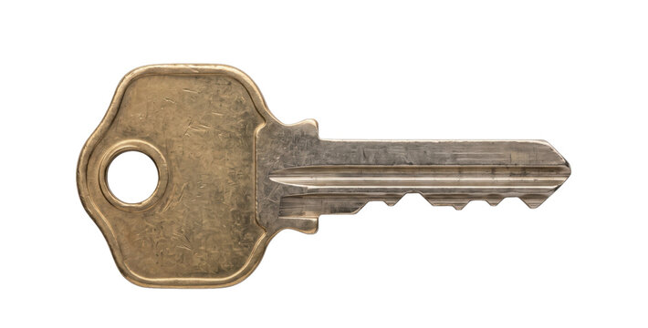 A single brass house key isolated on a clean white background for security and access concepts