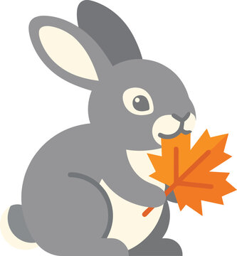 Flat Cute Grey Rabbit Holding Orange Autumn Leaf Vector Illustration   