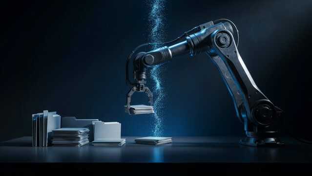 Robotic arm selecting and moving paper file folders on a dark blue background, with light effects