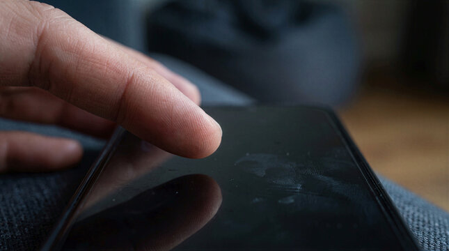 Digital Fatigue Burnout Concept Human Finger Touching Smudged Smartphone Screen Representing Overuse Overwhelming Technology Stress Modern Lifestyle Mental Exhaustion Excessive Screen Time Usage Macro