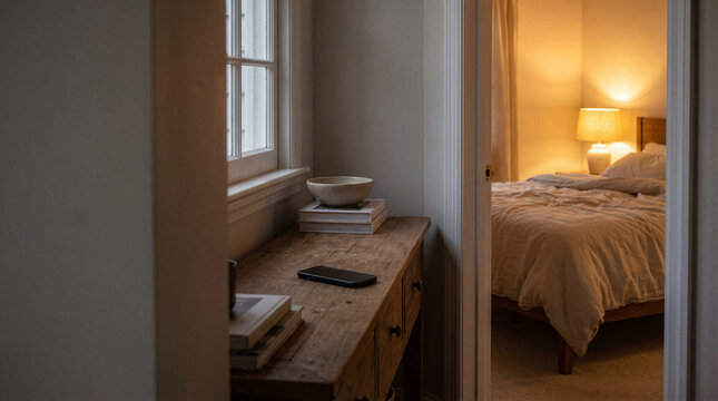 Digital Detox Concept Smartphone Abandoned On Rustic Wood Console Table Near Bedroom Doorway Warm Ambient Lighting Soft Shadows Mindful Living Away From Screens Technology Disconnect Minimalist, Quiet