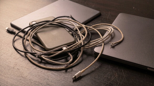 Digital Fatigue Concept Cluttered Workspace Tangled Charging Cables Worn Tech Accessories Overwhelmed Modern Lifestyle Mental Health Burnout Exhausted Remote Work Productivity Crisis Smartphone Repair