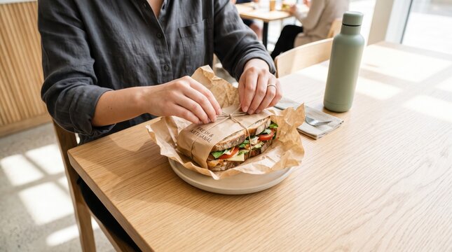 Close up of a person opening a gourmet sandwich wrapped in eco-friendly kraft paper and string on a wooden cafe table with a reusable water bottle.