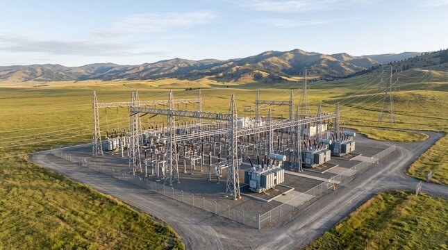 Electrical Grid Infrastructure with Power Transformers and Transmission Towers
