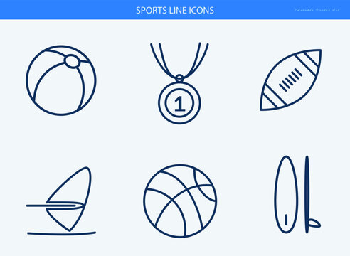 Sports line icons of basketball and football equipment with a medal and boards for surfing and windsurfing, outline vector set for recreation websites and athletic event graphics