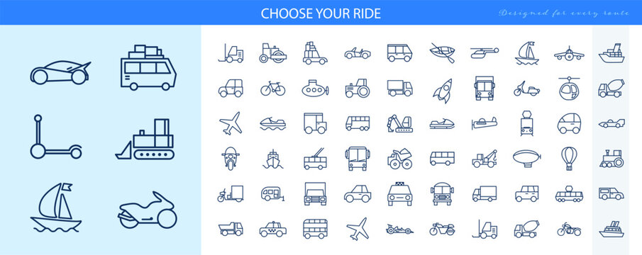 Transport icons for passenger journeys and cargo delivery by road rail air and water, vector collection of cars and aircraft with outline vehicles for logistics infographics