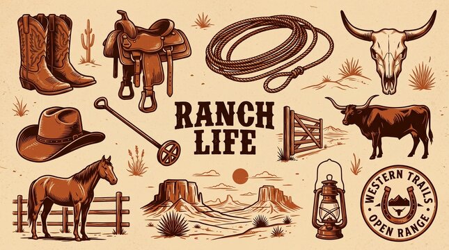 Vintage Western Ranch Life Vector Graphic Elements, Cowboy Boots Saddle Lasso and Longhorn Skull Clipart Set, Rustic Country Wild West Design Collection for Branding, Badges, and Apparel Prints