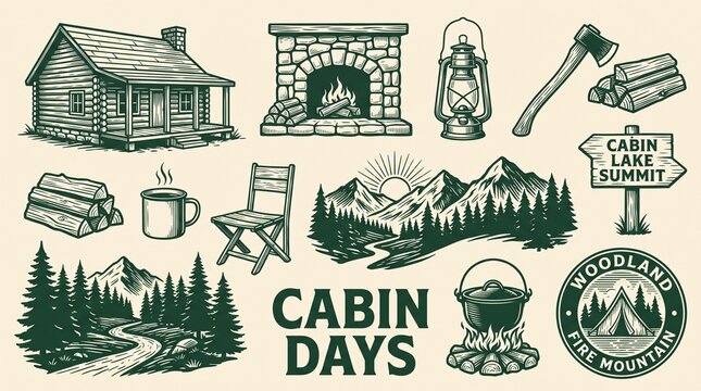 Rustic cabin days illustration set, vintage camping adventure icons