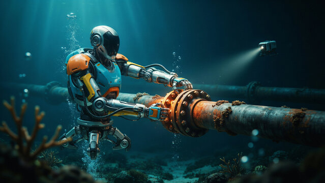 Underwater robot performing maintenance on a large rusted pipeline on the ocean floor