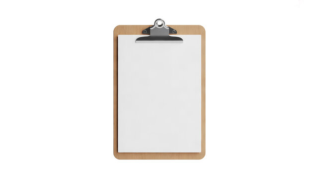 Wooden clipboard with a blank white paper sheet isolated on a clean white background surface