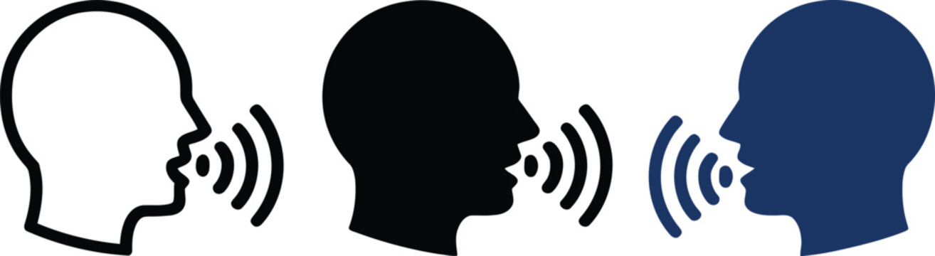 Pronunciation Speaking Head Voice Talk Audio Speech Vector Icon Set, Language Learning Symbols, Vocal Communication, Sound Expression and Talking Interface Graphics.