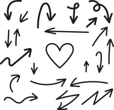 Set of hand drawn black arrows and heart shape doodle sketch elements isolated on white background