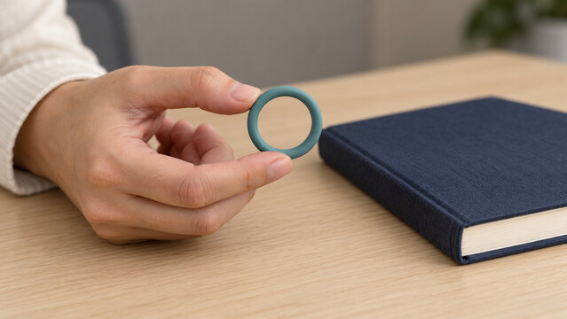 Hand holding a silicone ring beside a notebook