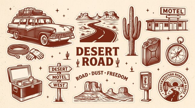 Vintage desert road trip set, route 66 travel icons art