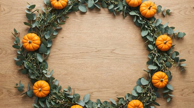 Autumnal wreath of vibrant pumpkins and lush green eucalyptus leaves on a rustic wooden background perfect for fall celebrations