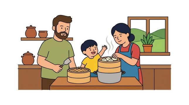 Happy family cooking dim sum together in the kitchen illustration