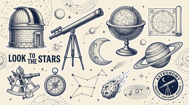 Vintage astronomy illustration collection with telescope, observatory dome, celestial globe, and planets, hand drawn vintage astronomical set with sextant and compass, look to the stars artwork